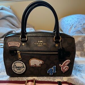 COACH Rowan Satchel in Signature Leather With Bear Ski Patches Brown